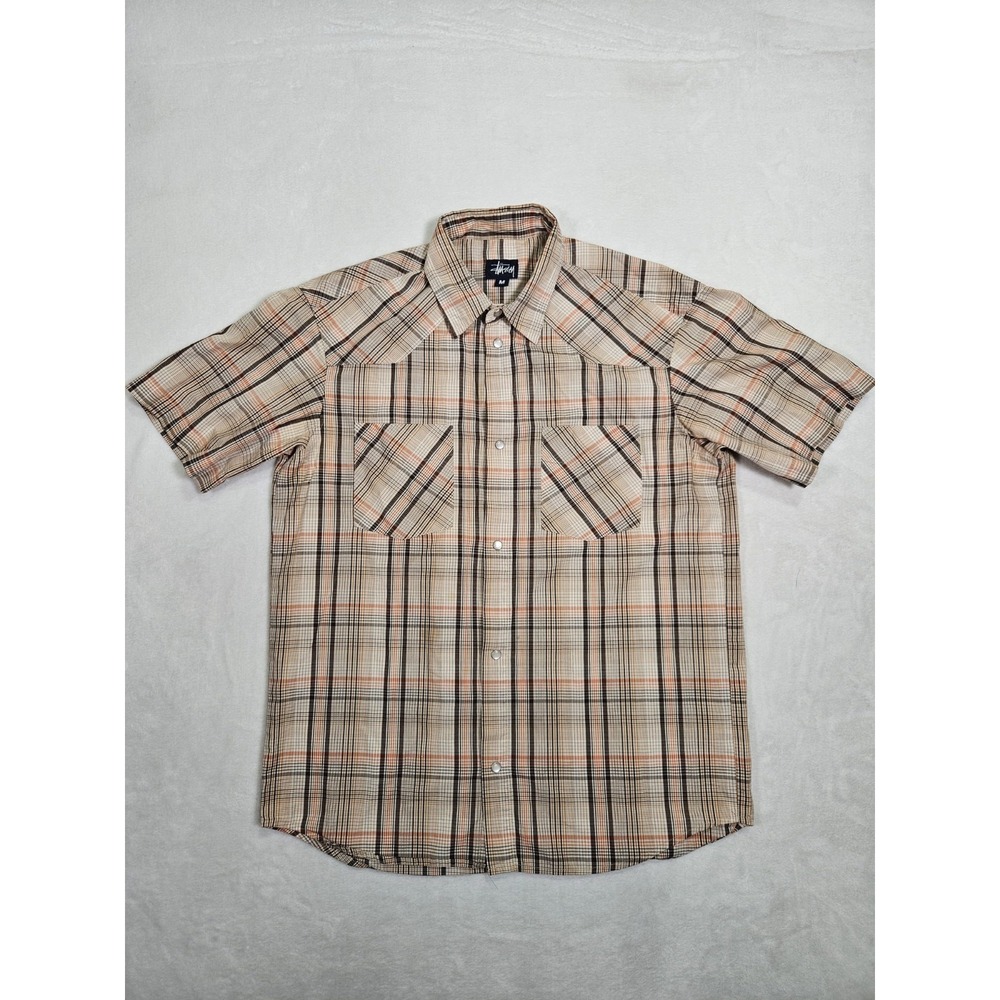 Vintage Stussy Short Sleeve Plaid Shirt Men's Medium Tan Brown Made In USA